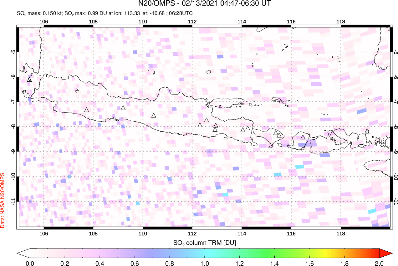 A sulfur dioxide image over Java, Indonesia on Feb 13, 2021.