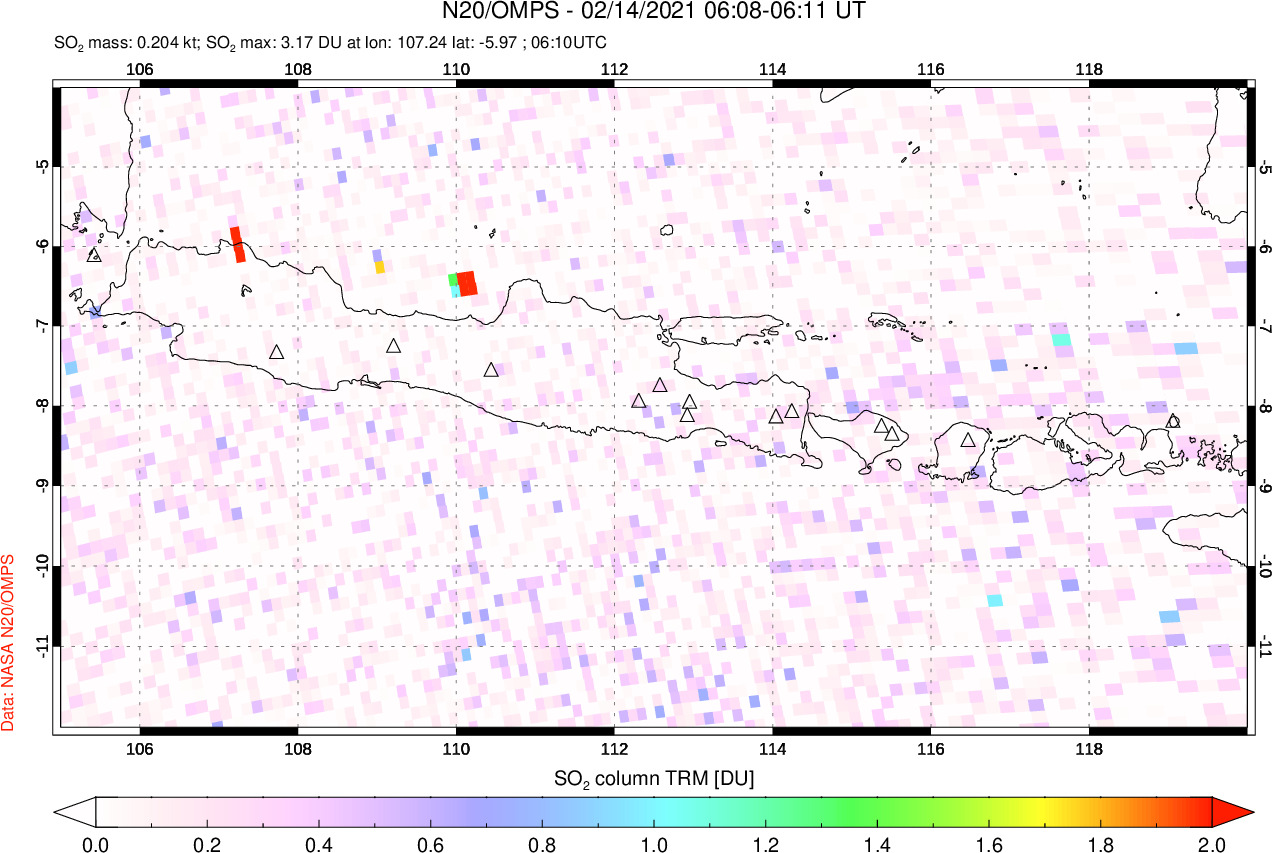 A sulfur dioxide image over Java, Indonesia on Feb 14, 2021.