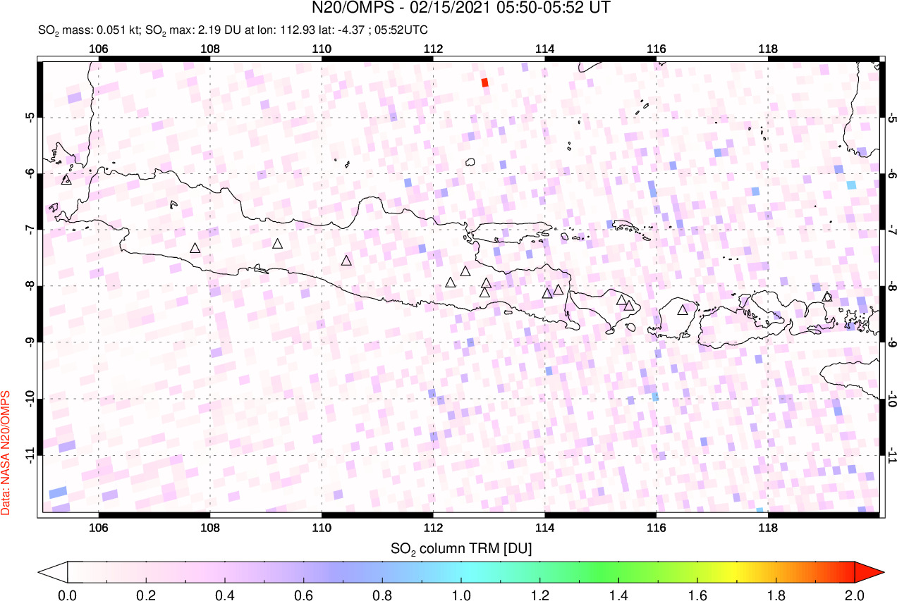 A sulfur dioxide image over Java, Indonesia on Feb 15, 2021.