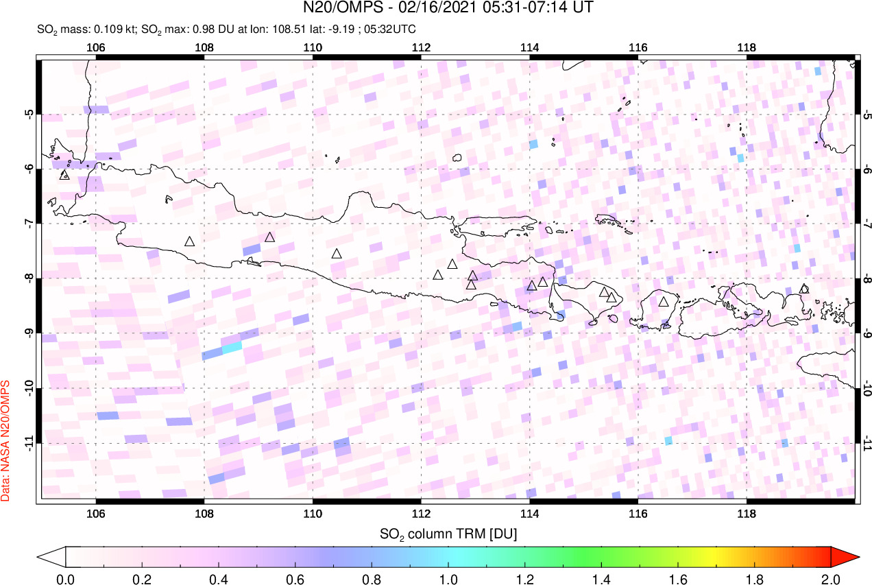 A sulfur dioxide image over Java, Indonesia on Feb 16, 2021.
