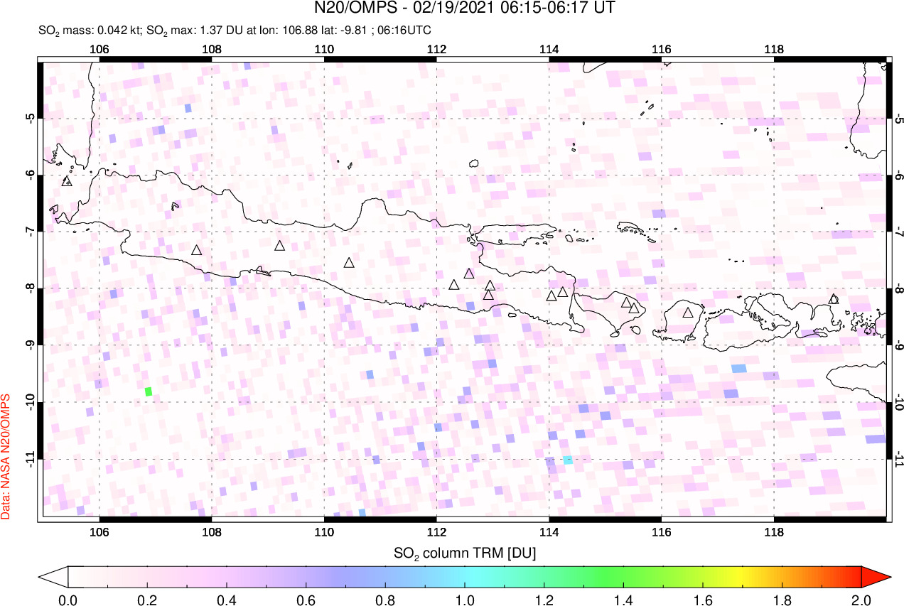 A sulfur dioxide image over Java, Indonesia on Feb 19, 2021.