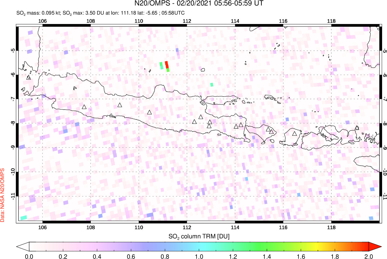 A sulfur dioxide image over Java, Indonesia on Feb 20, 2021.