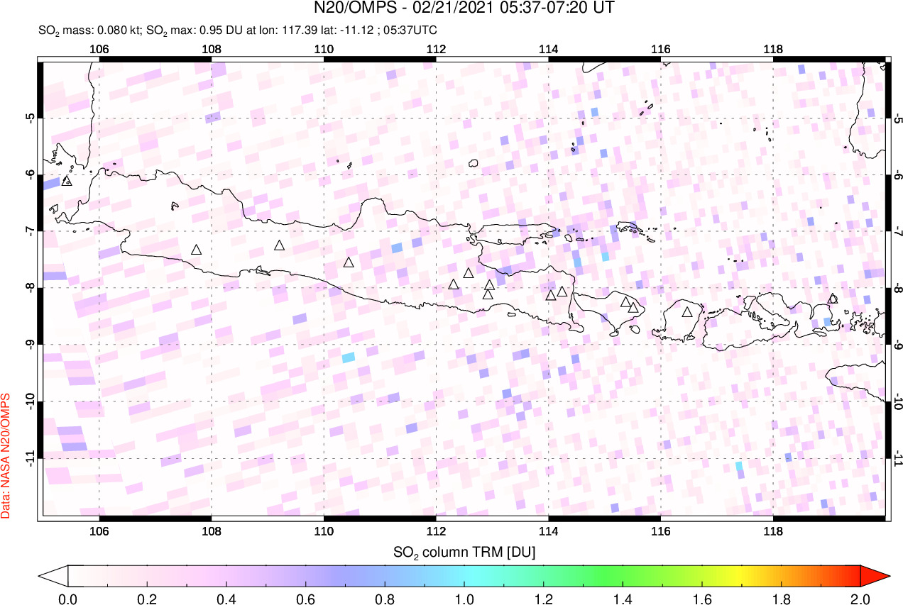 A sulfur dioxide image over Java, Indonesia on Feb 21, 2021.