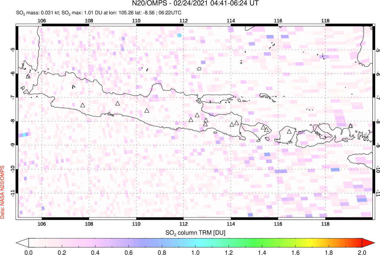 A sulfur dioxide image over Java, Indonesia on Feb 24, 2021.