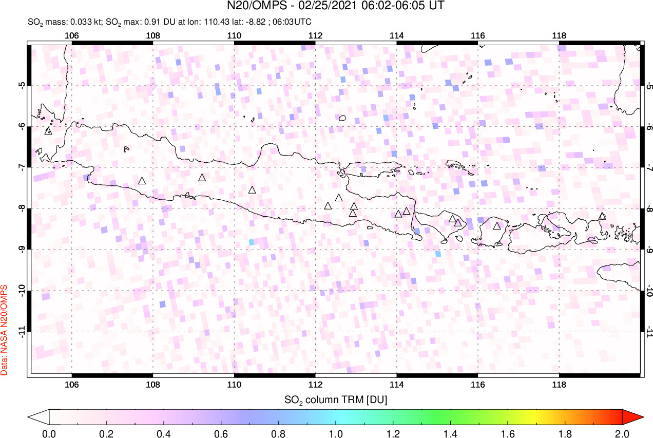 A sulfur dioxide image over Java, Indonesia on Feb 25, 2021.