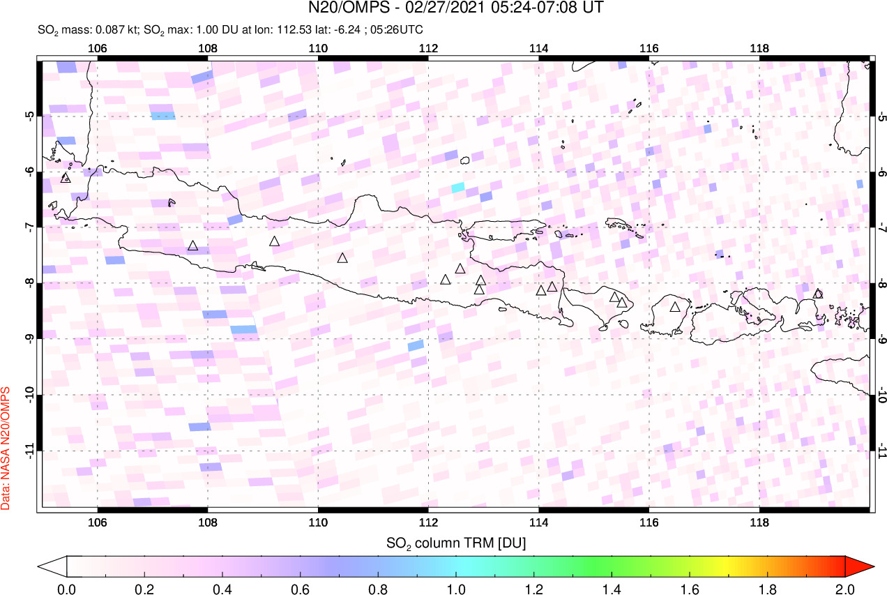 A sulfur dioxide image over Java, Indonesia on Feb 27, 2021.