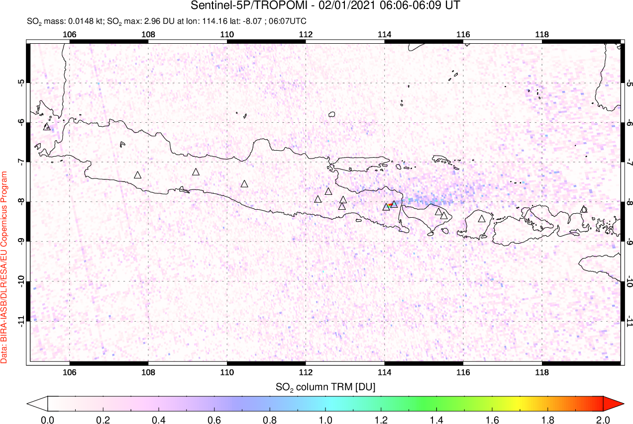 A sulfur dioxide image over Java, Indonesia on Feb 01, 2021.