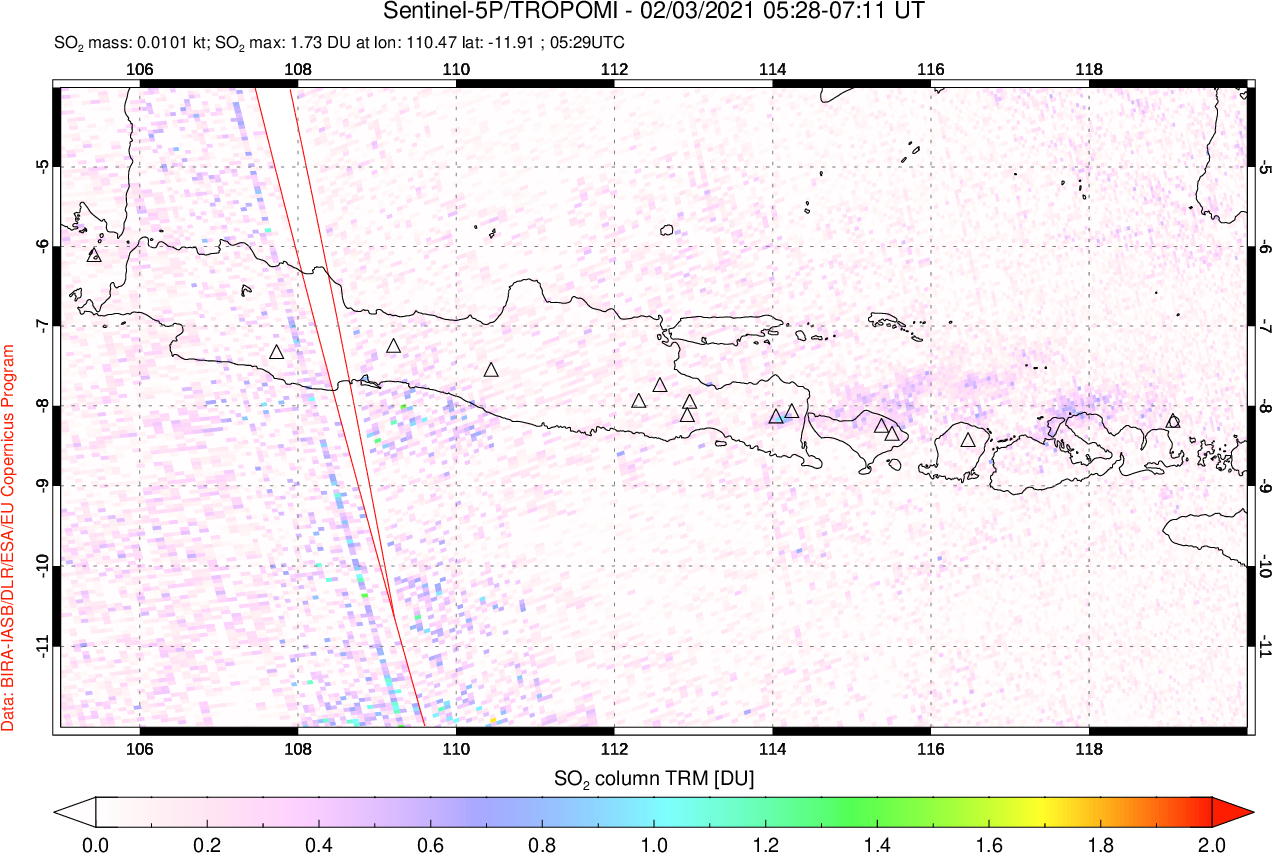 A sulfur dioxide image over Java, Indonesia on Feb 03, 2021.