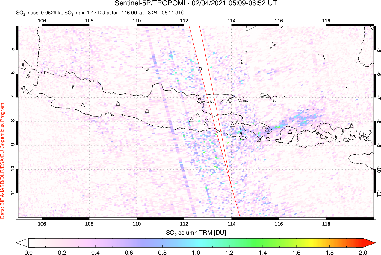 A sulfur dioxide image over Java, Indonesia on Feb 04, 2021.