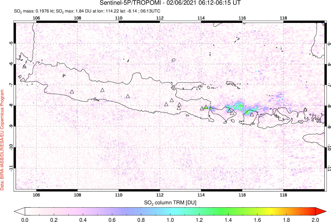 A sulfur dioxide image over Java, Indonesia on Feb 06, 2021.