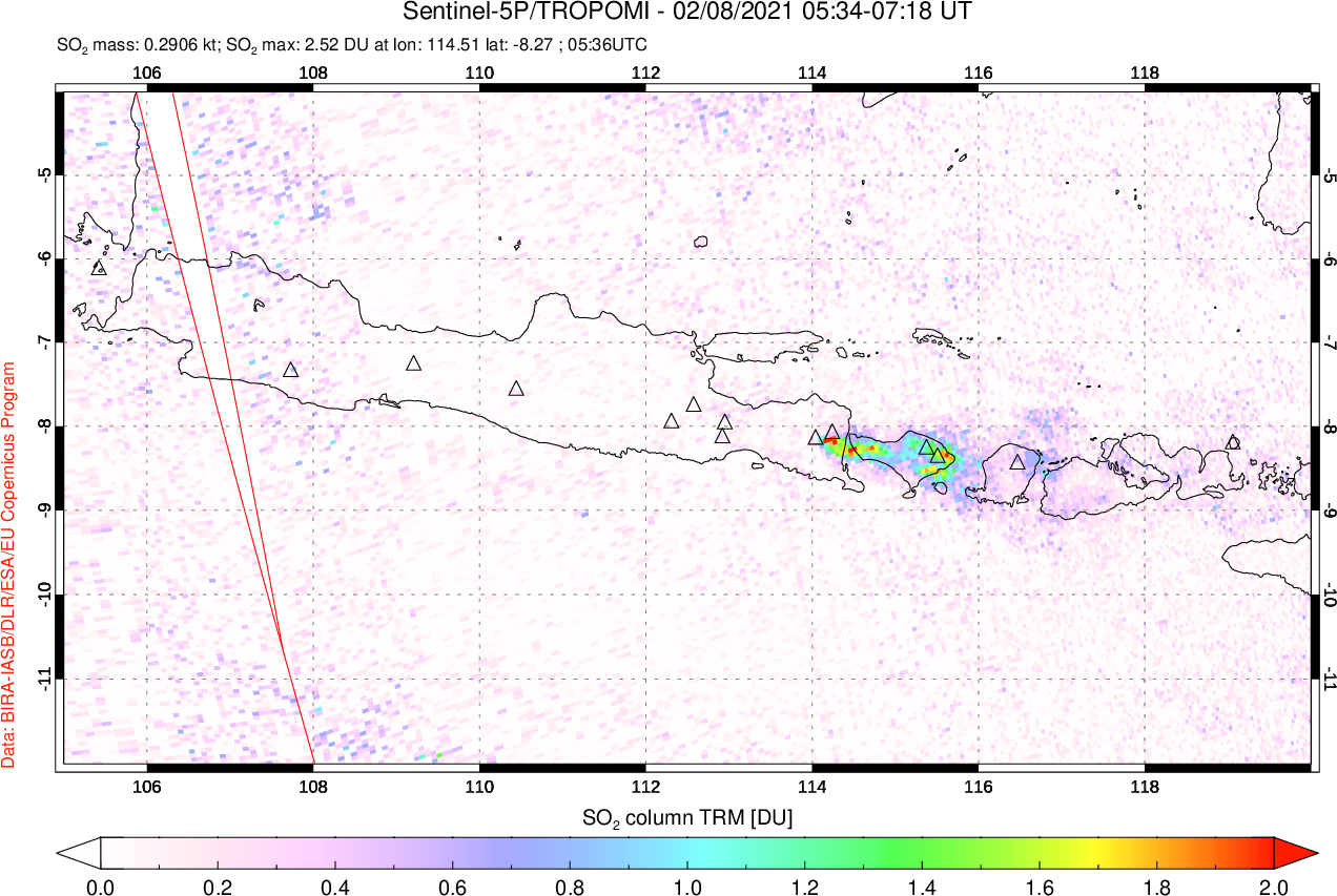 A sulfur dioxide image over Java, Indonesia on Feb 08, 2021.