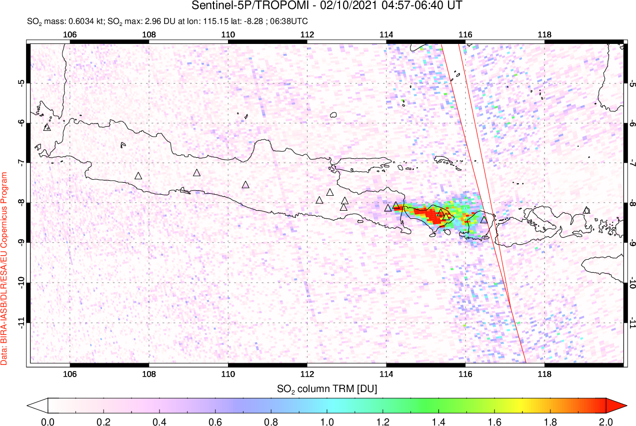 A sulfur dioxide image over Java, Indonesia on Feb 10, 2021.