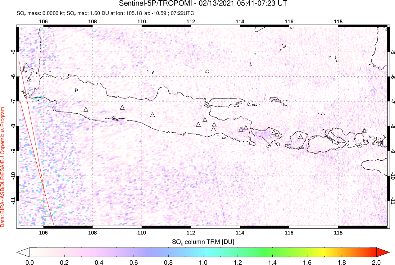A sulfur dioxide image over Java, Indonesia on Feb 13, 2021.