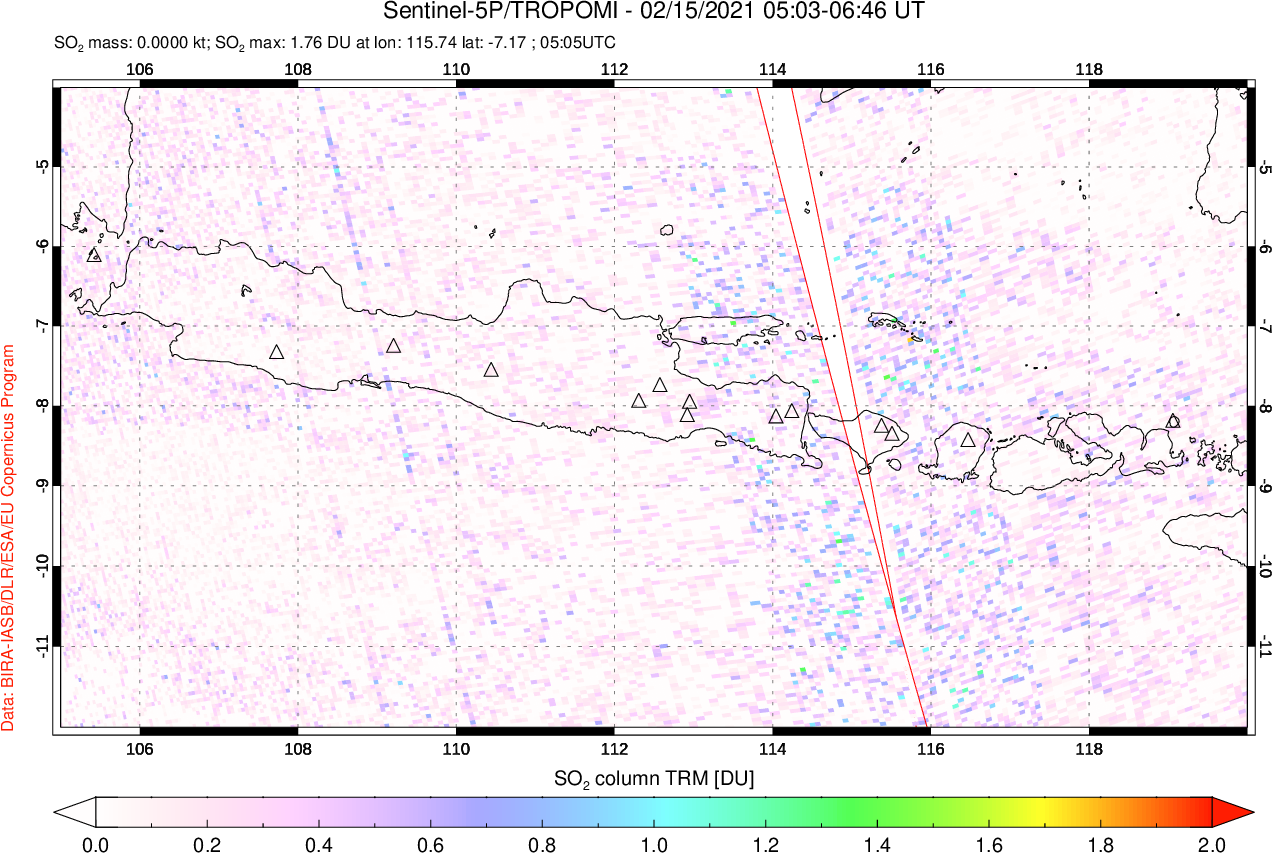 A sulfur dioxide image over Java, Indonesia on Feb 15, 2021.