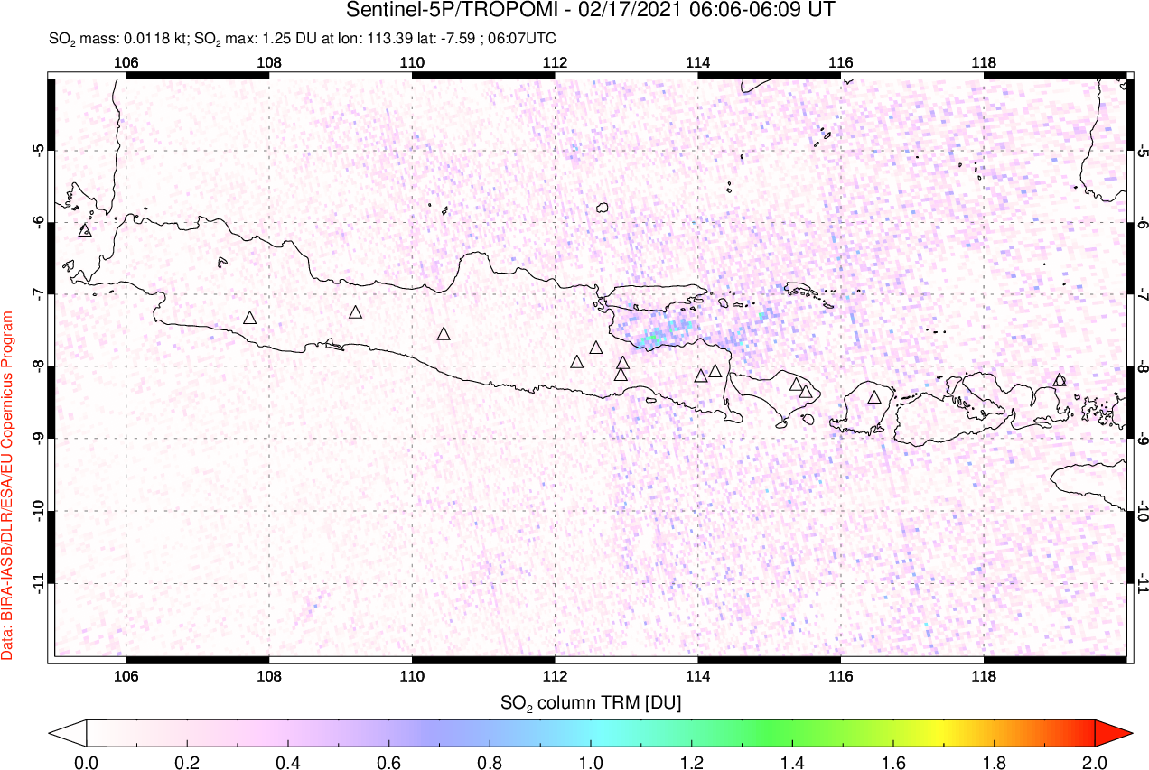 A sulfur dioxide image over Java, Indonesia on Feb 17, 2021.