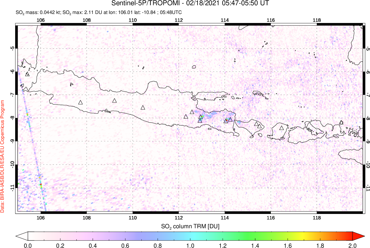 A sulfur dioxide image over Java, Indonesia on Feb 18, 2021.