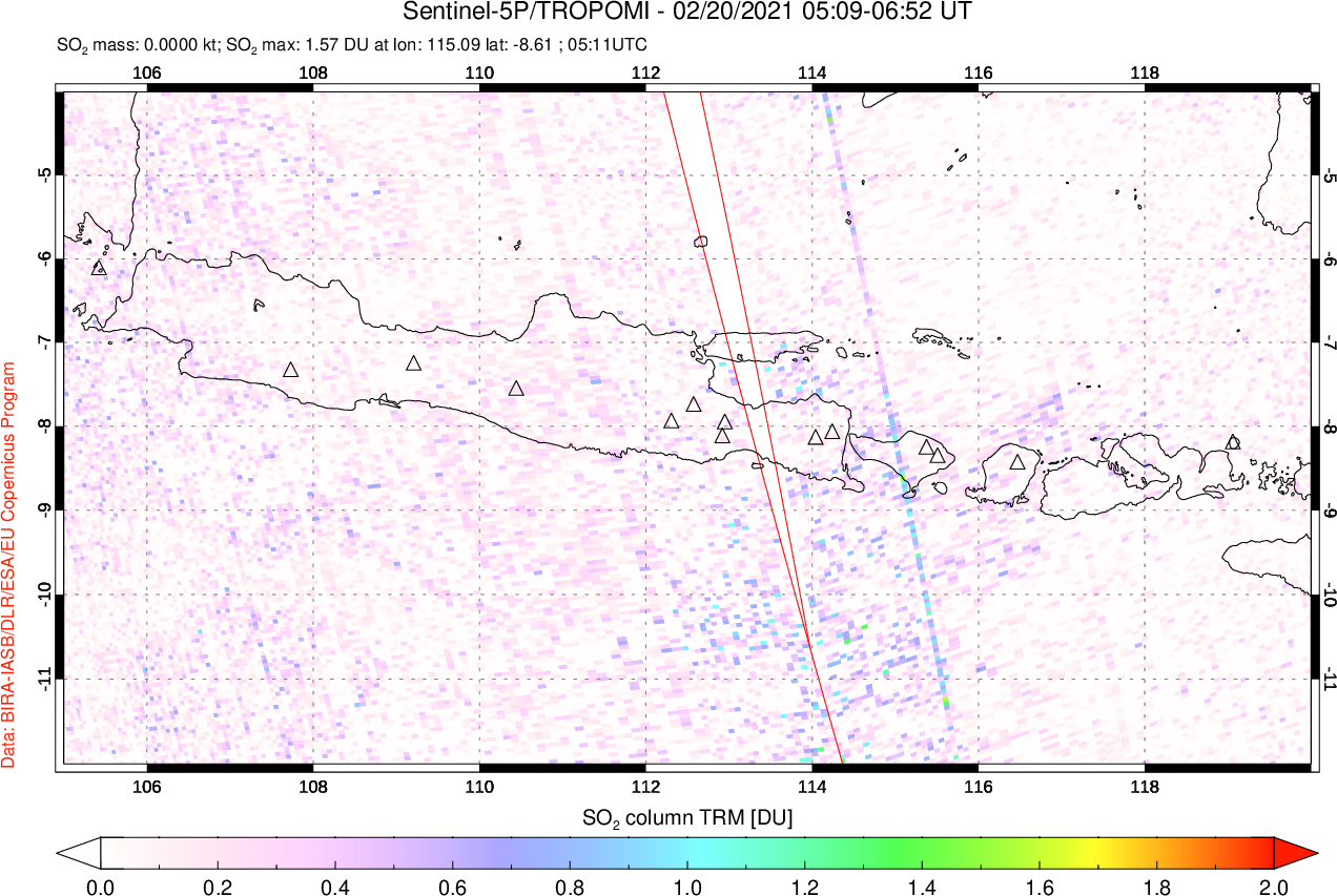 A sulfur dioxide image over Java, Indonesia on Feb 20, 2021.
