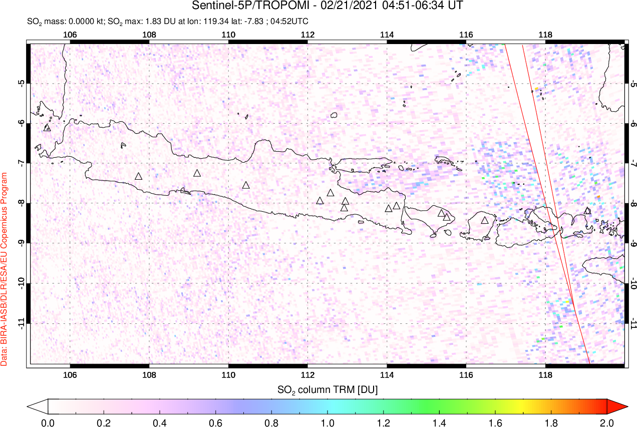 A sulfur dioxide image over Java, Indonesia on Feb 21, 2021.