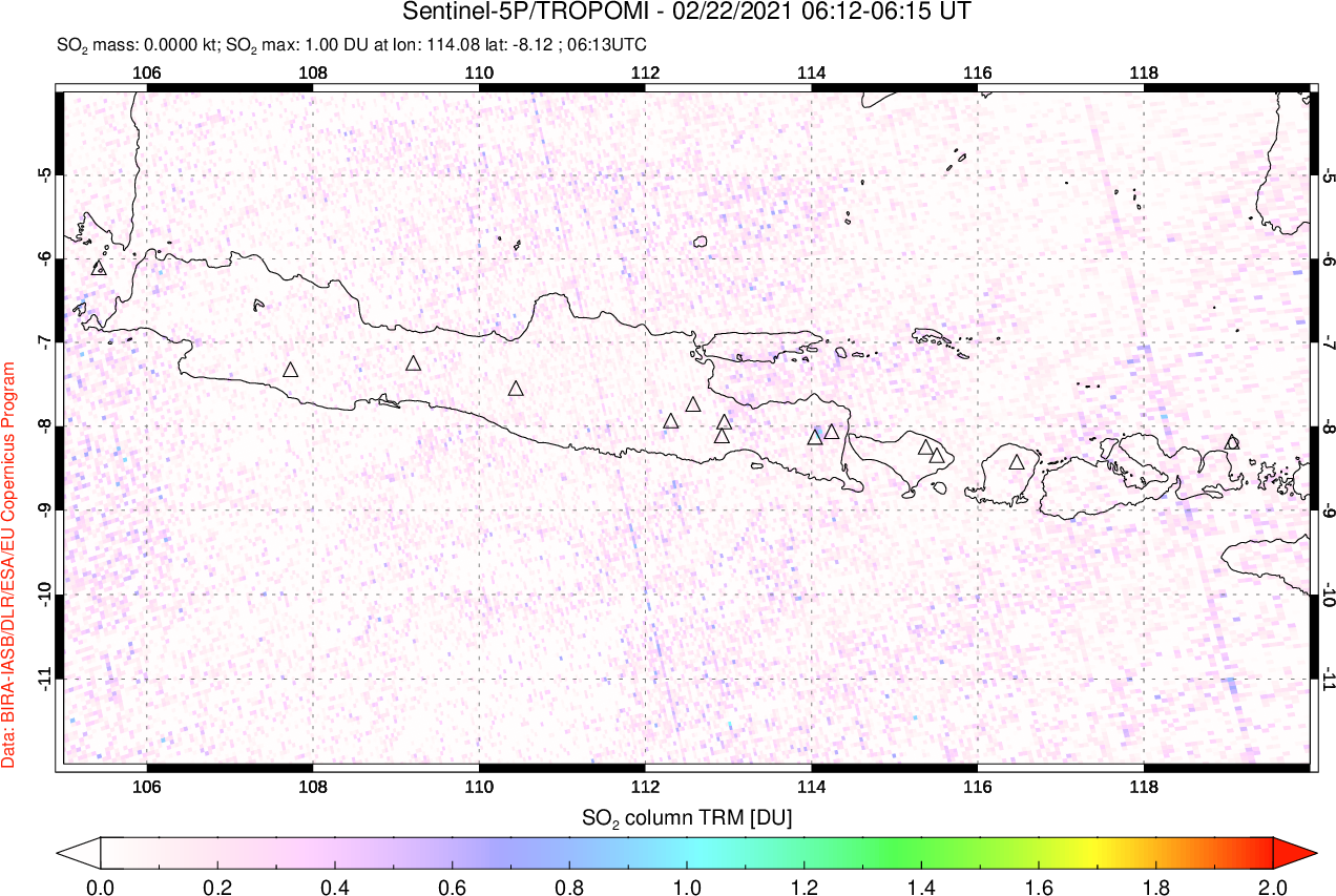 A sulfur dioxide image over Java, Indonesia on Feb 22, 2021.