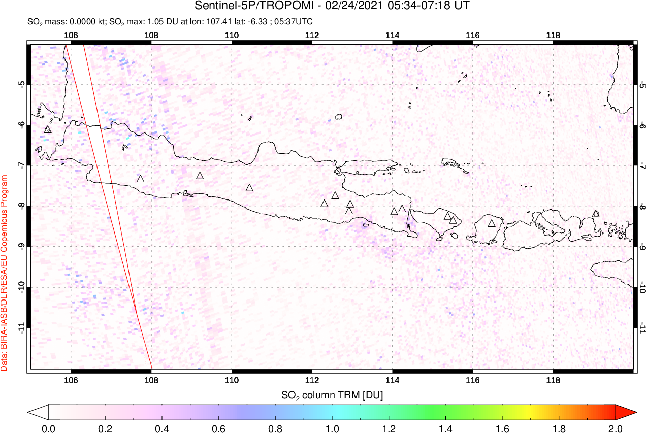 A sulfur dioxide image over Java, Indonesia on Feb 24, 2021.