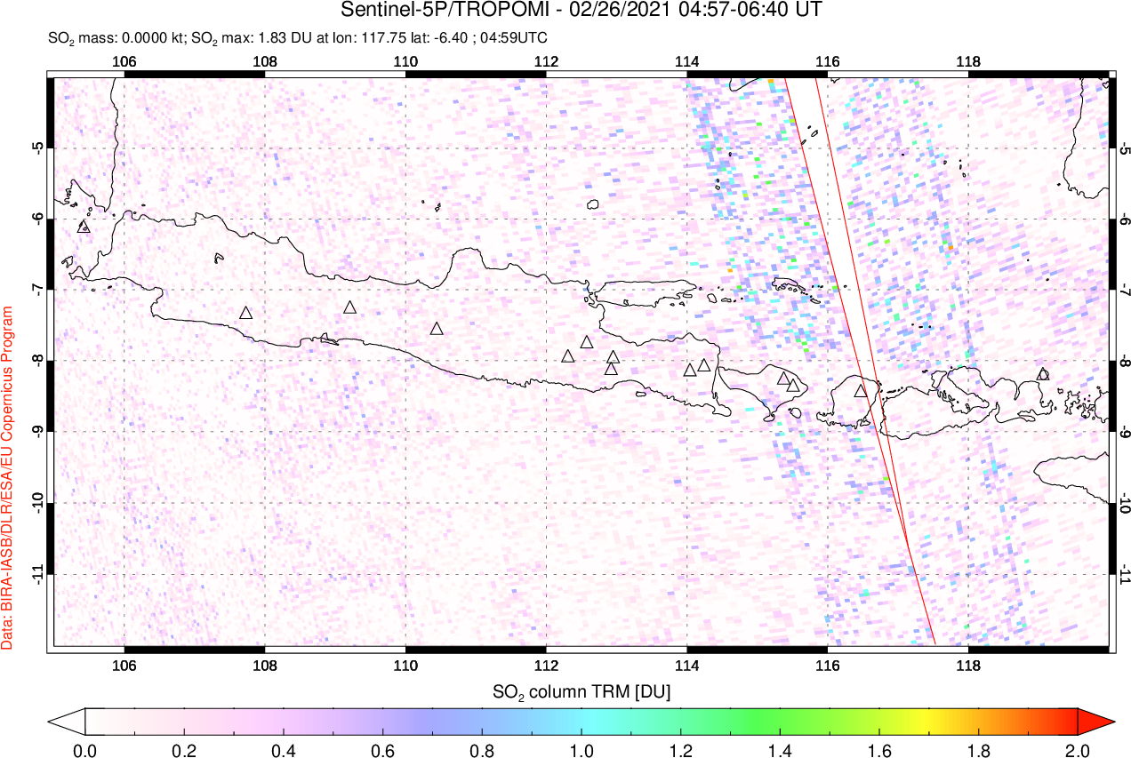 A sulfur dioxide image over Java, Indonesia on Feb 26, 2021.