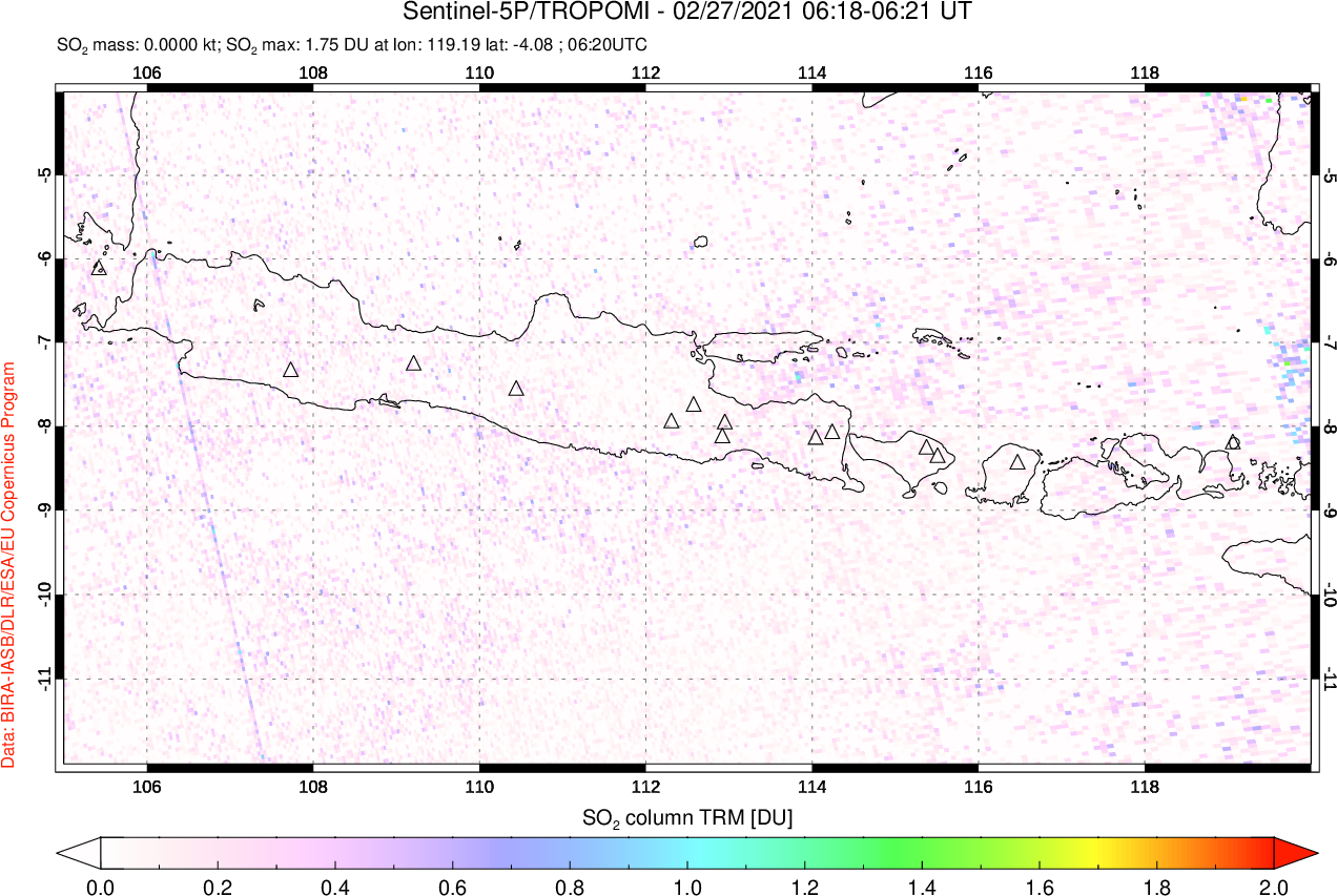 A sulfur dioxide image over Java, Indonesia on Feb 27, 2021.