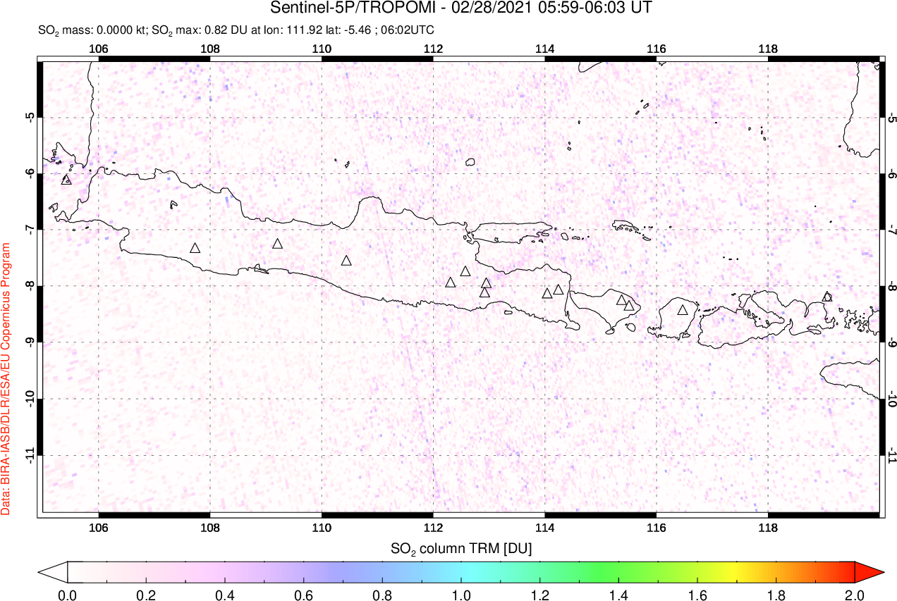 A sulfur dioxide image over Java, Indonesia on Feb 28, 2021.
