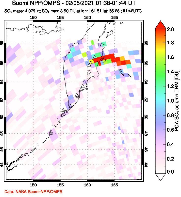 A sulfur dioxide image over Kamchatka, Russian Federation on Feb 05, 2021.