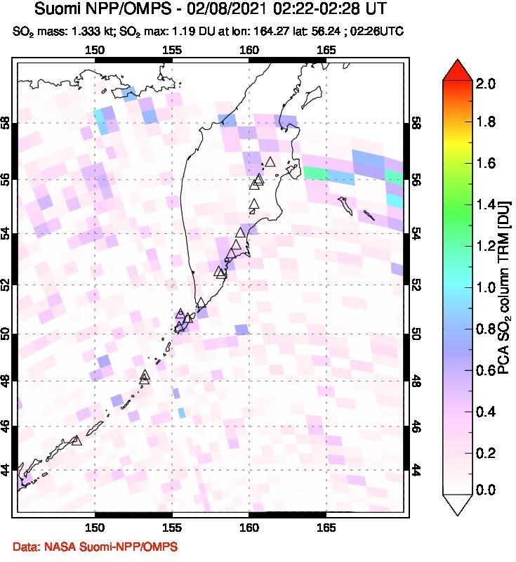 A sulfur dioxide image over Kamchatka, Russian Federation on Feb 08, 2021.