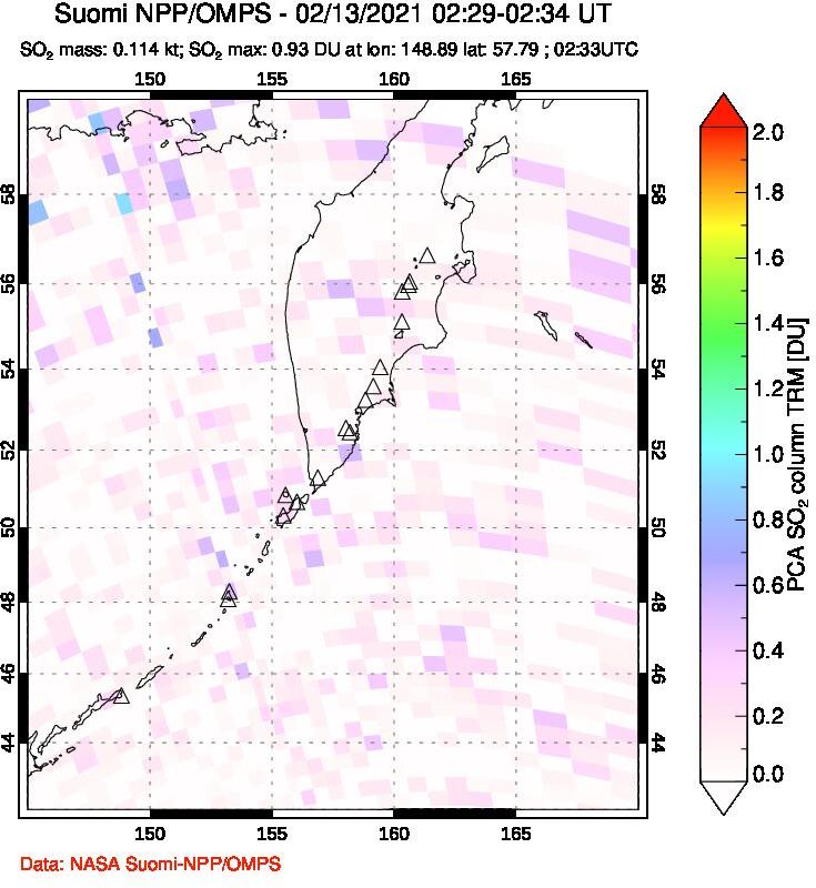 A sulfur dioxide image over Kamchatka, Russian Federation on Feb 13, 2021.