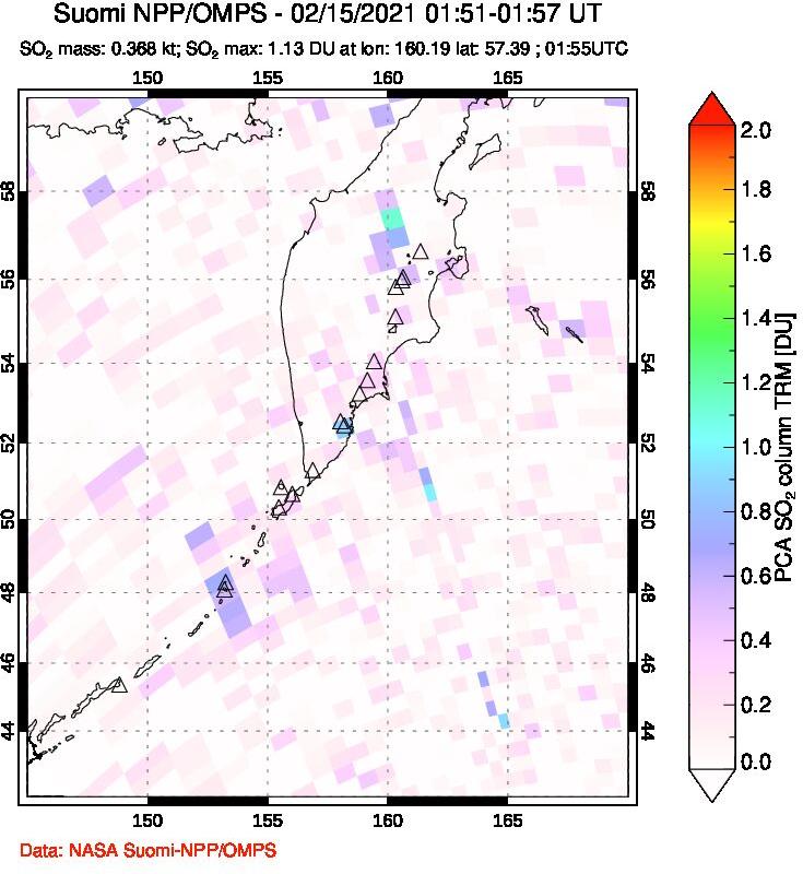 A sulfur dioxide image over Kamchatka, Russian Federation on Feb 15, 2021.