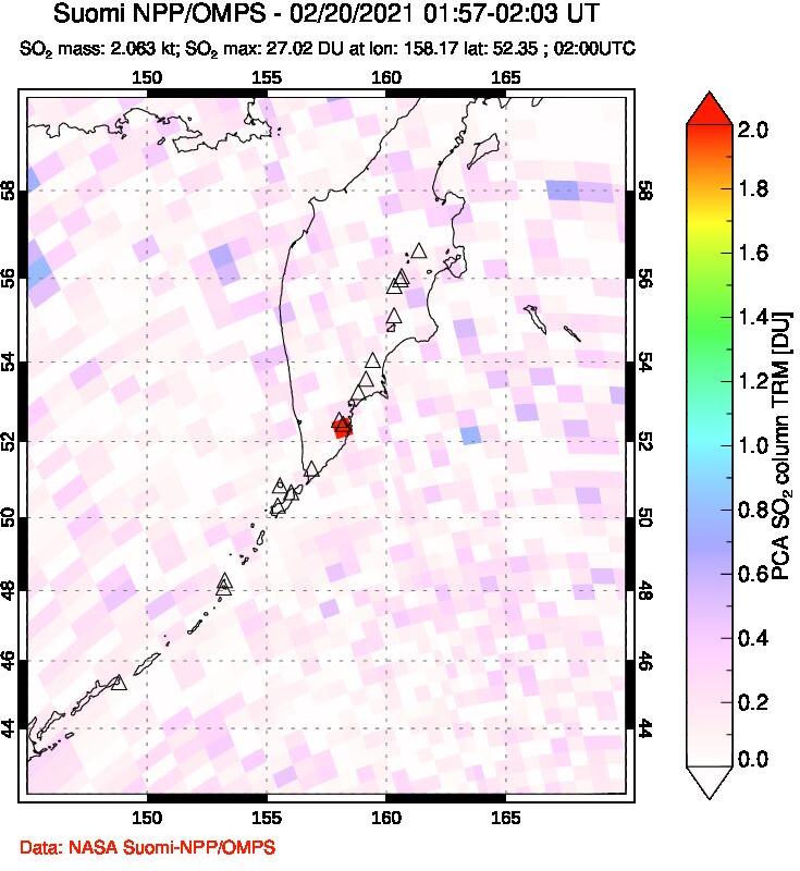 A sulfur dioxide image over Kamchatka, Russian Federation on Feb 20, 2021.