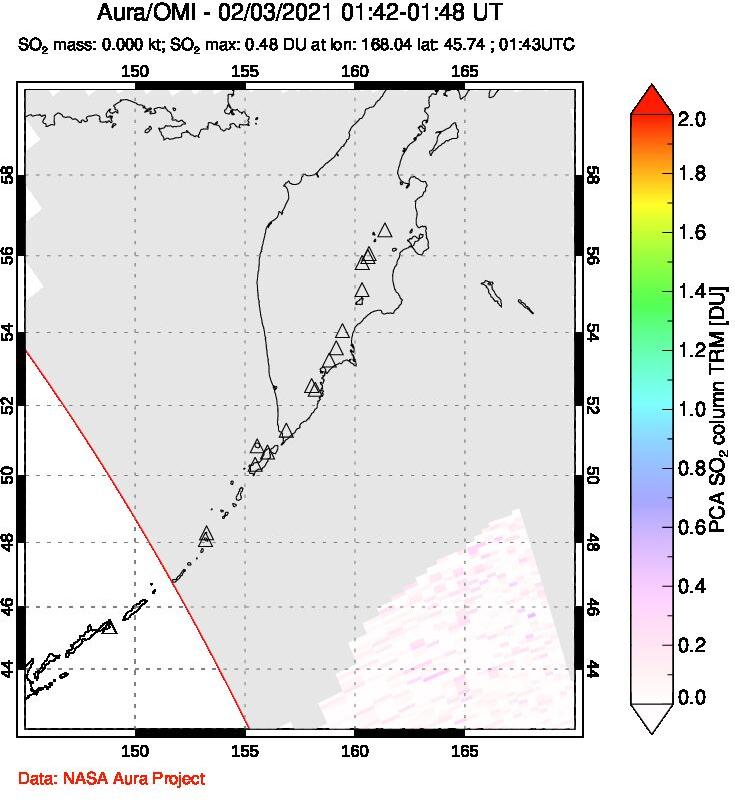 A sulfur dioxide image over Kamchatka, Russian Federation on Feb 03, 2021.