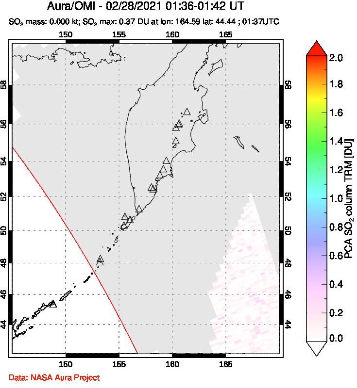 A sulfur dioxide image over Kamchatka, Russian Federation on Feb 28, 2021.