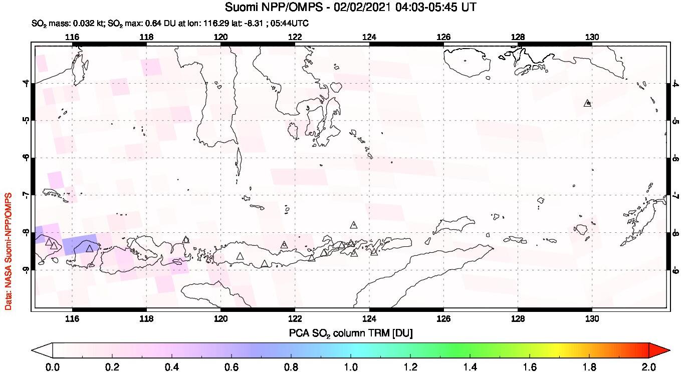 A sulfur dioxide image over Lesser Sunda Islands, Indonesia on Feb 02, 2021.