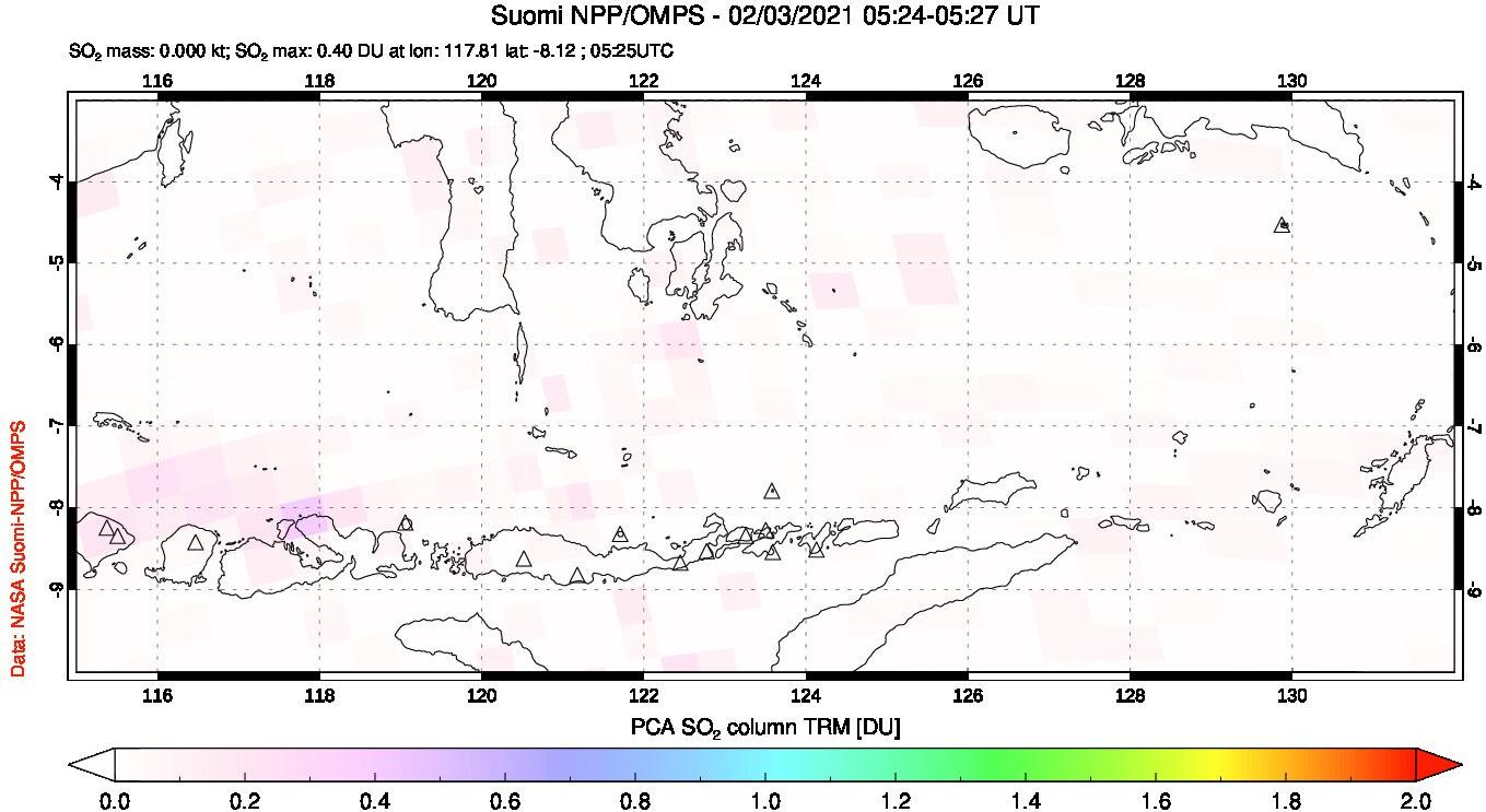 A sulfur dioxide image over Lesser Sunda Islands, Indonesia on Feb 03, 2021.