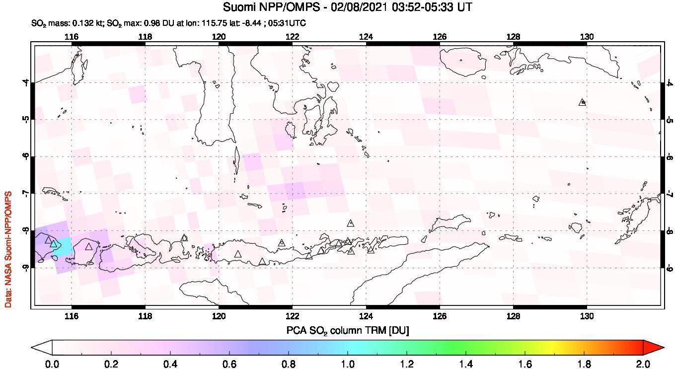 A sulfur dioxide image over Lesser Sunda Islands, Indonesia on Feb 08, 2021.