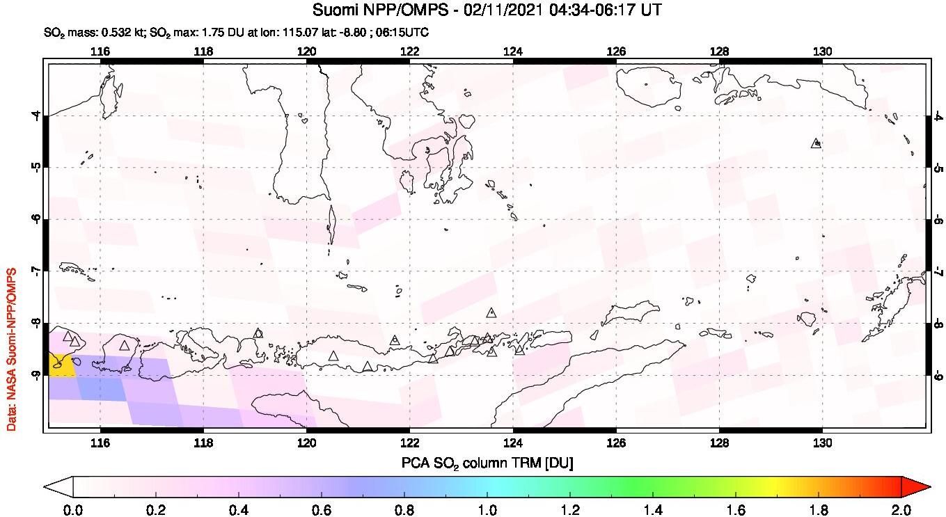 A sulfur dioxide image over Lesser Sunda Islands, Indonesia on Feb 11, 2021.