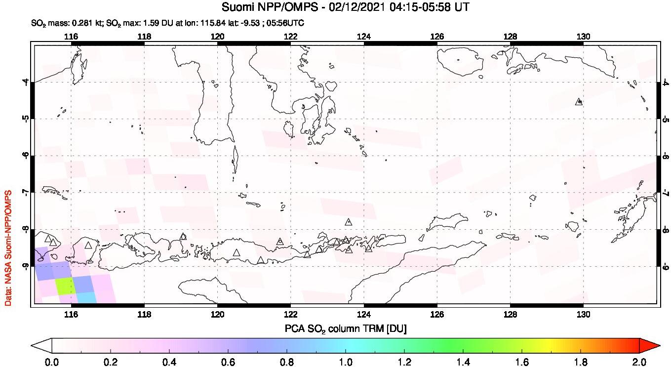 A sulfur dioxide image over Lesser Sunda Islands, Indonesia on Feb 12, 2021.