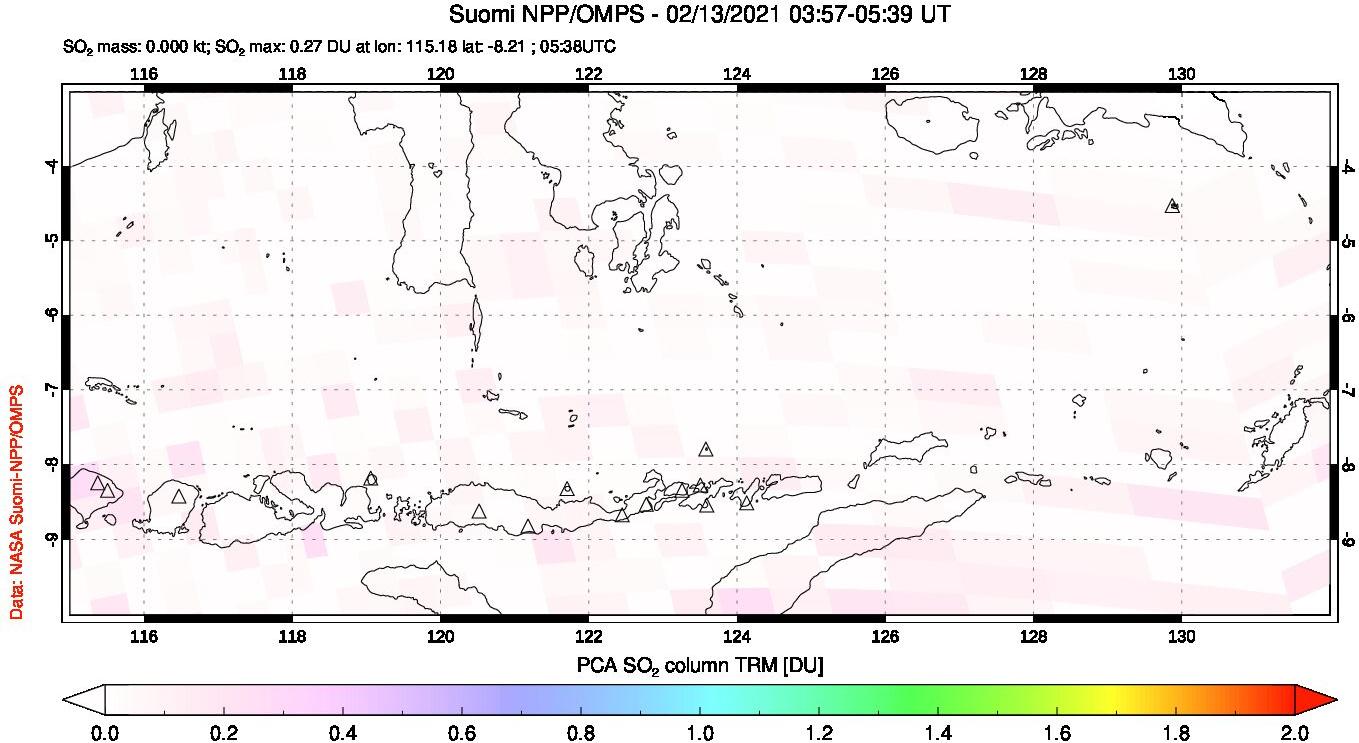 A sulfur dioxide image over Lesser Sunda Islands, Indonesia on Feb 13, 2021.