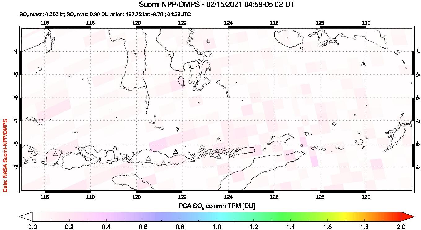 A sulfur dioxide image over Lesser Sunda Islands, Indonesia on Feb 15, 2021.
