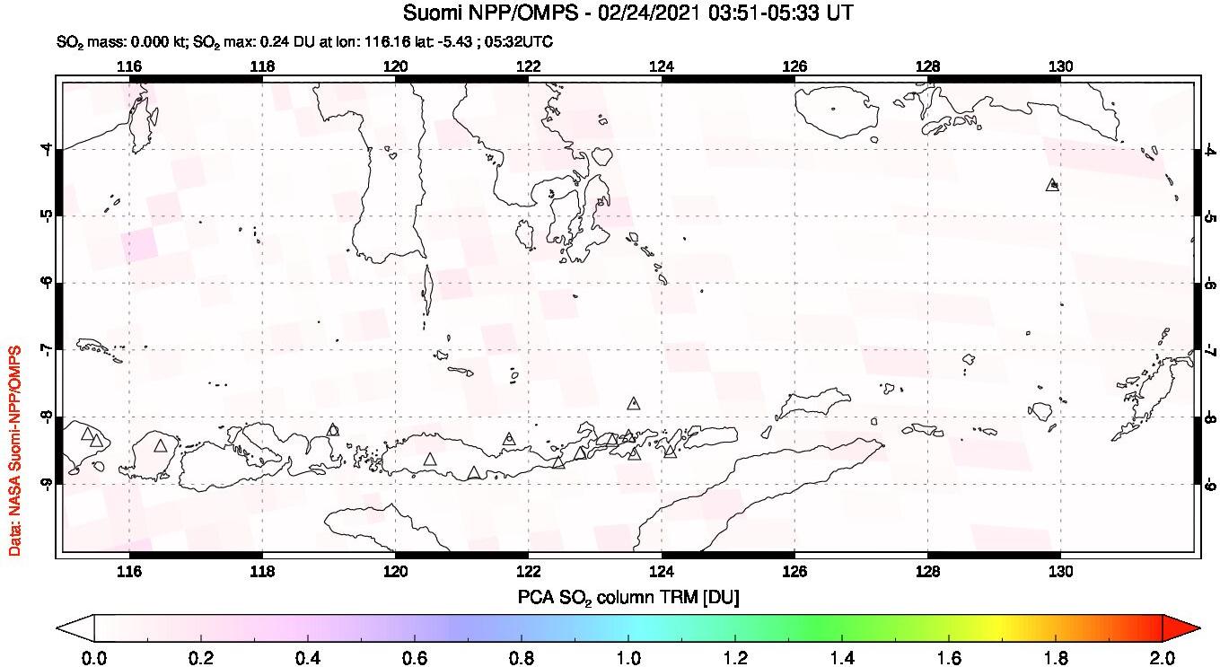 A sulfur dioxide image over Lesser Sunda Islands, Indonesia on Feb 24, 2021.