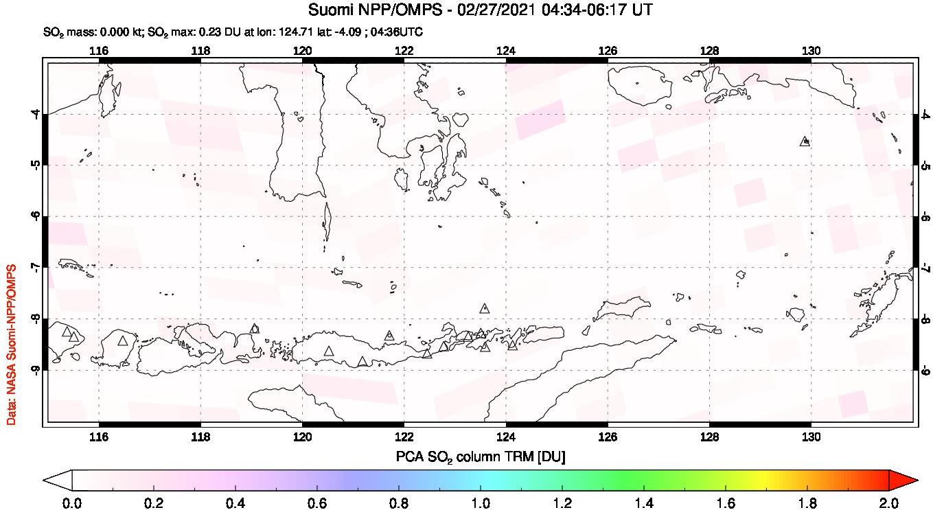 A sulfur dioxide image over Lesser Sunda Islands, Indonesia on Feb 27, 2021.