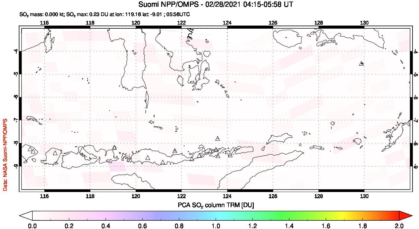 A sulfur dioxide image over Lesser Sunda Islands, Indonesia on Feb 28, 2021.
