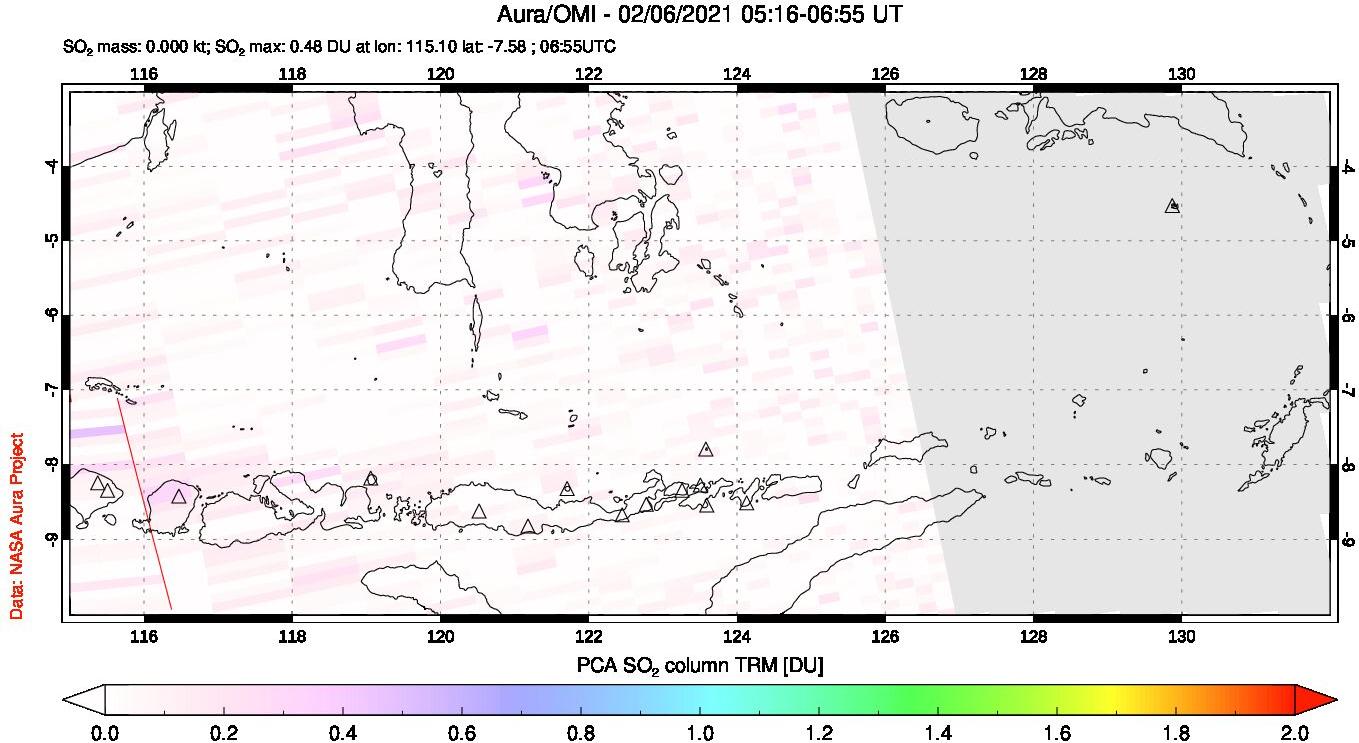 A sulfur dioxide image over Lesser Sunda Islands, Indonesia on Feb 06, 2021.
