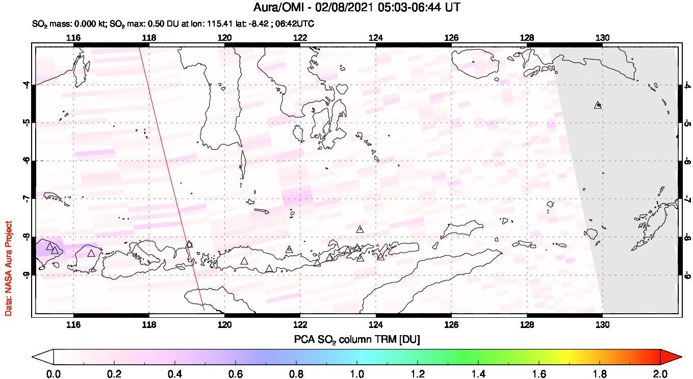 A sulfur dioxide image over Lesser Sunda Islands, Indonesia on Feb 08, 2021.