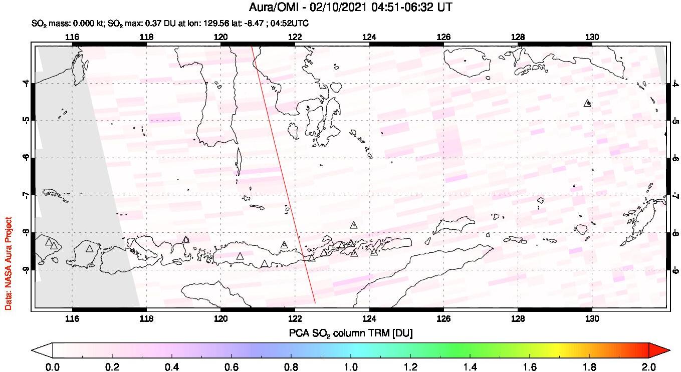 A sulfur dioxide image over Lesser Sunda Islands, Indonesia on Feb 10, 2021.