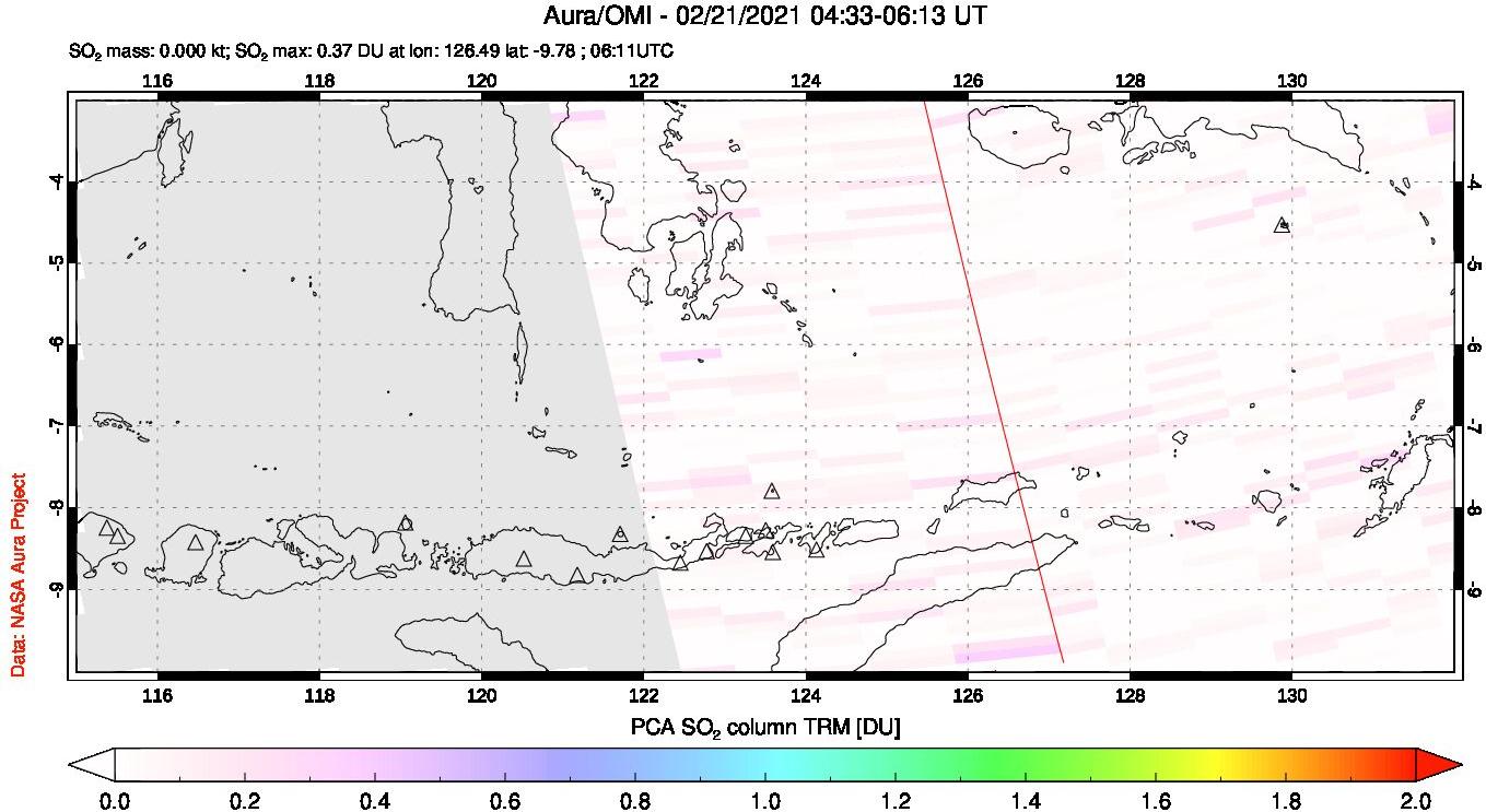 A sulfur dioxide image over Lesser Sunda Islands, Indonesia on Feb 21, 2021.
