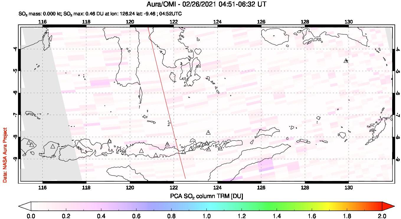 A sulfur dioxide image over Lesser Sunda Islands, Indonesia on Feb 26, 2021.