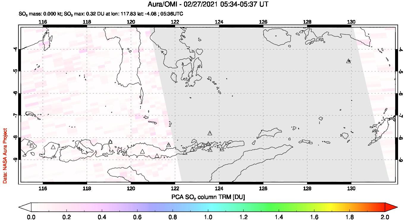 A sulfur dioxide image over Lesser Sunda Islands, Indonesia on Feb 27, 2021.